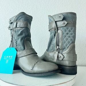 NEW Lane Boots Womens Gray Leather Canvas Mid-Calf Western Moto Style Zip Size 8